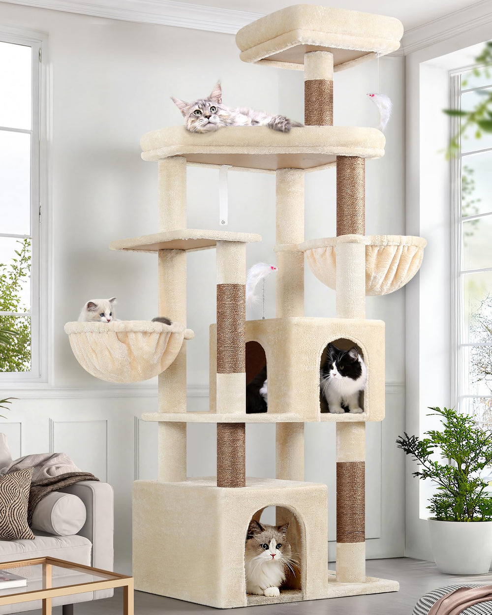 Globlazer sturdy cat tree 68-inch side view shows stable base for large cats