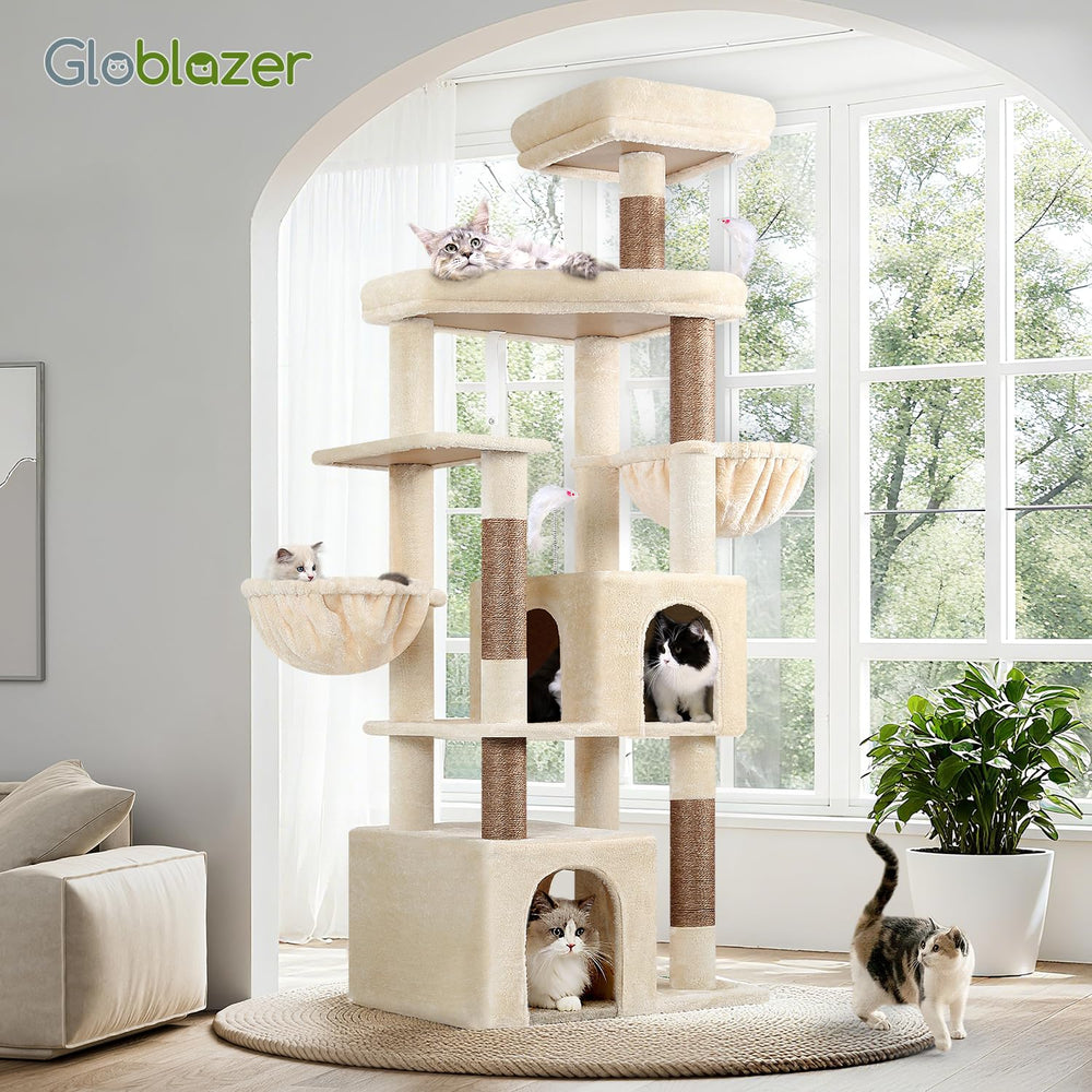 Globlazer sturdy cat tree assembly guide image illustrates easy setup steps