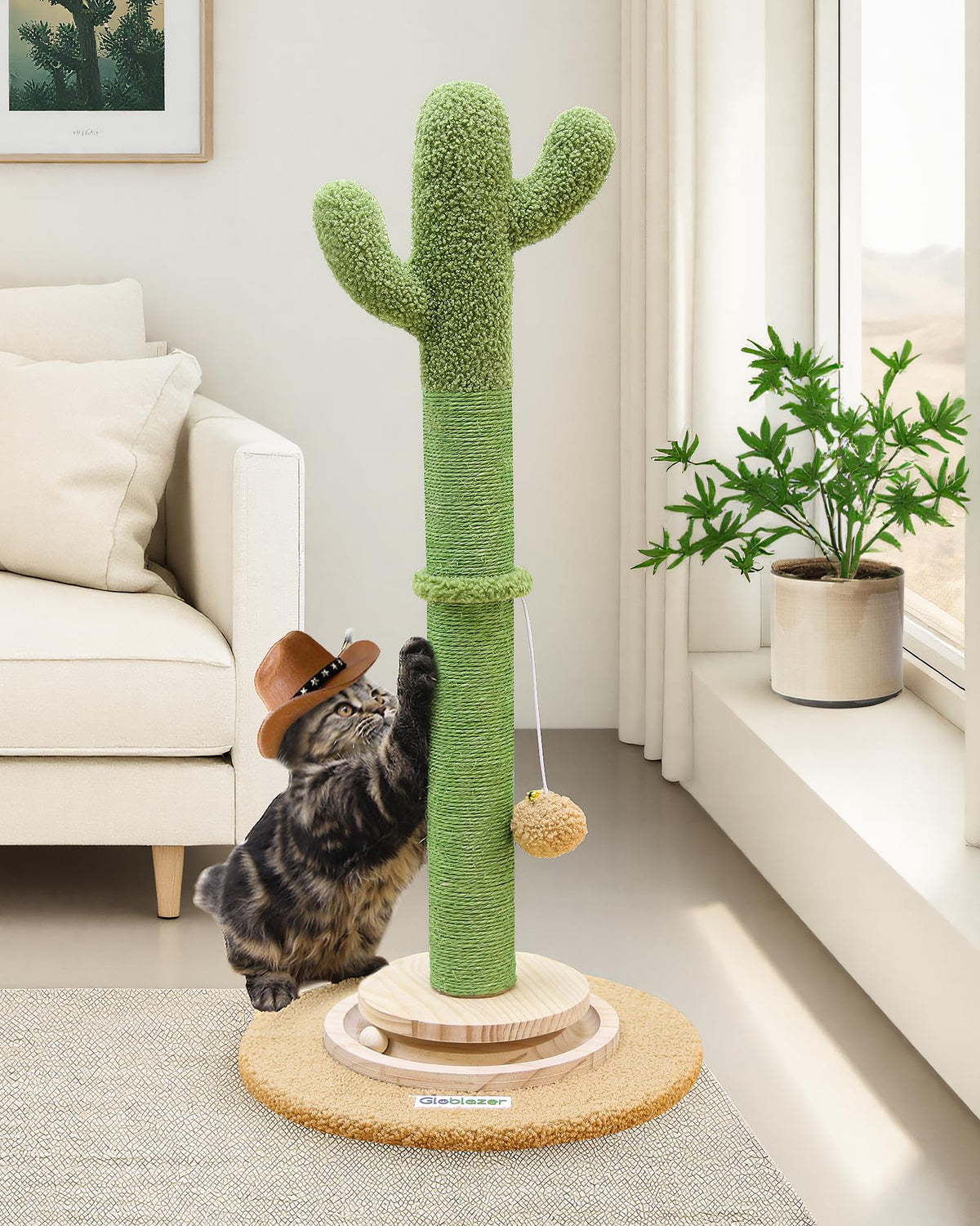 Globlazer cactus scratching post side view showing sturdy sisal for satisfying cat scratching