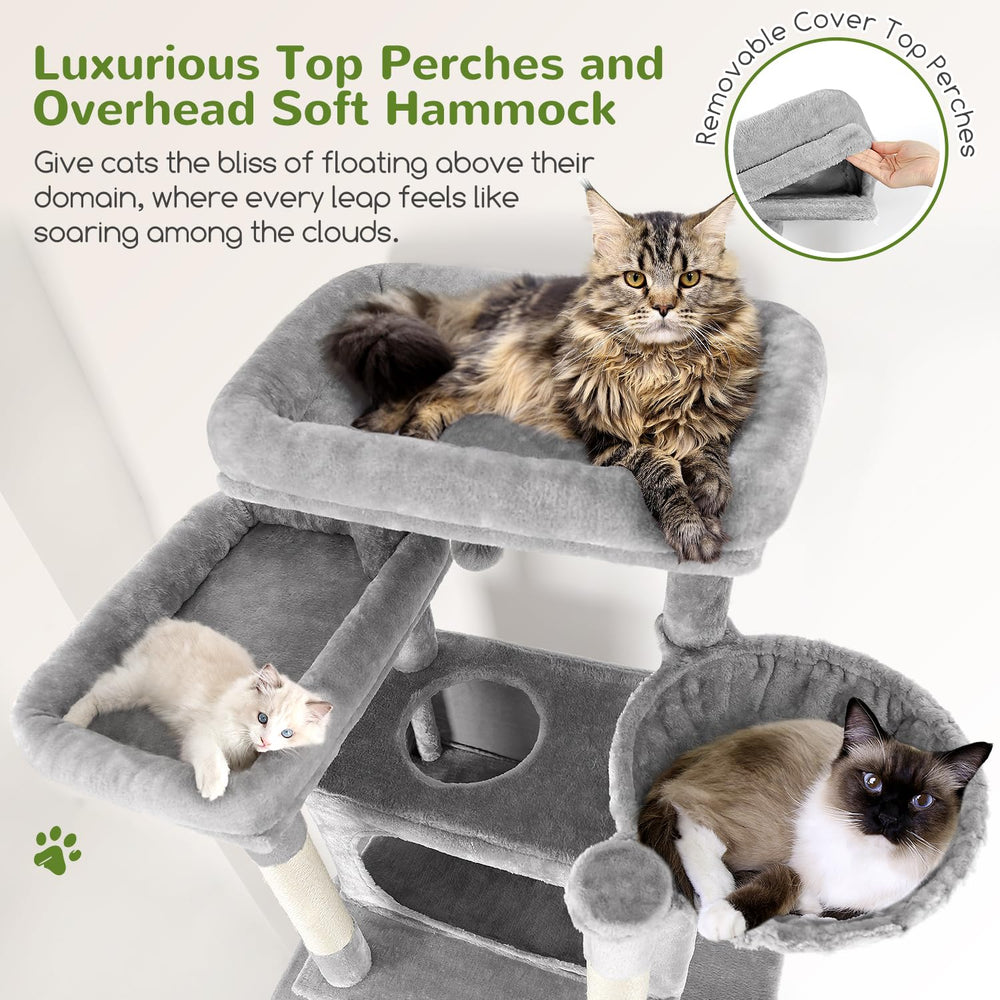 Globlazer XXL cat tree front view highlights platforms and roomy condos for multi-cat lounging
