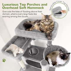 Globlazer XXL cat tree front view highlights platforms and roomy condos for multi-cat lounging