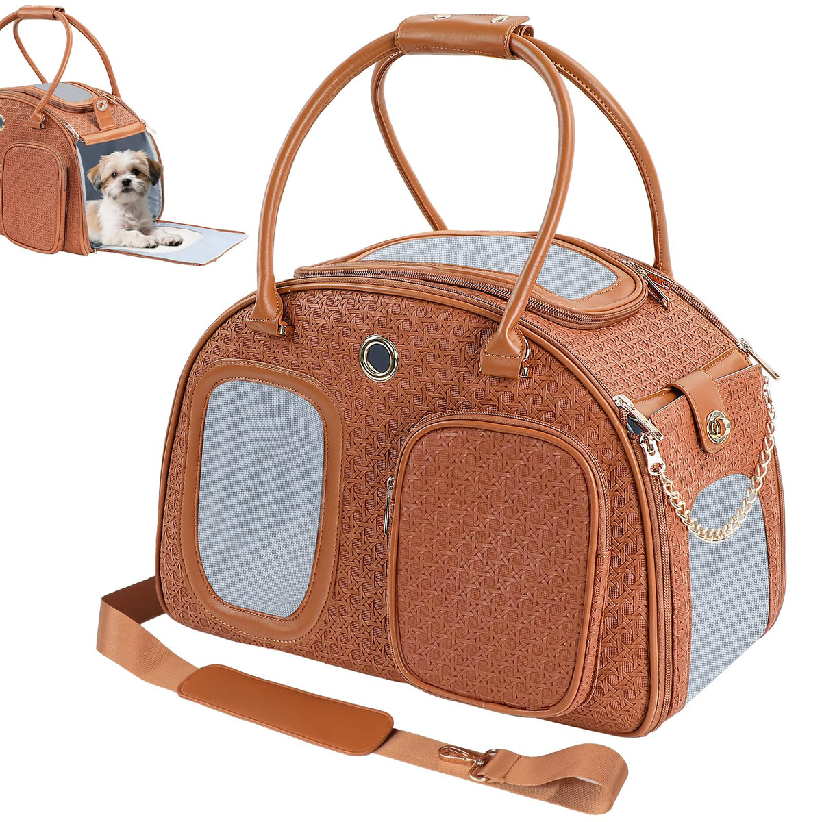 GLOBLYTE dog purse carrier front view with chic PU leather for stylish travel