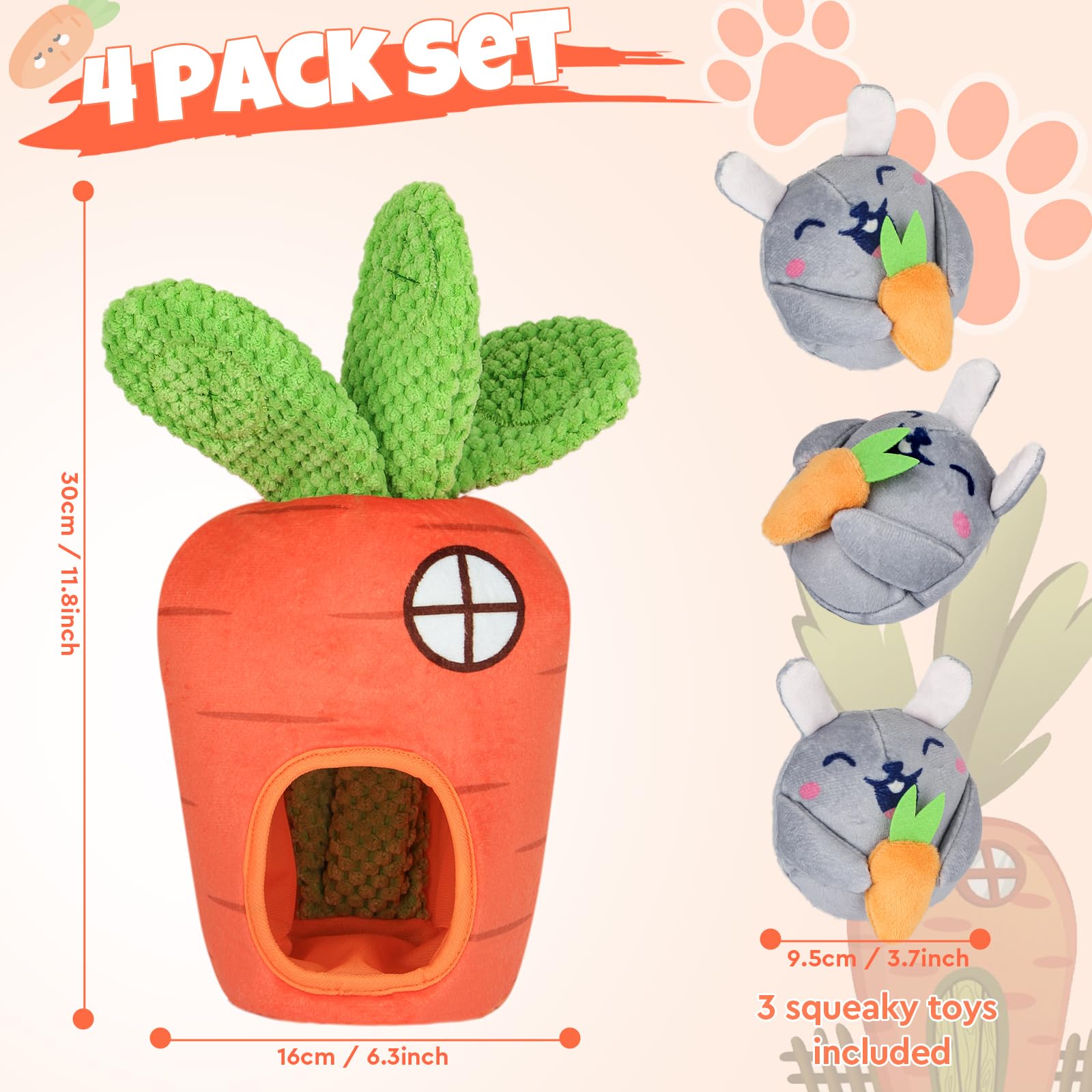 Globright Hide and Seek carrot bunny squeaker inside adds exciting rewards for training.