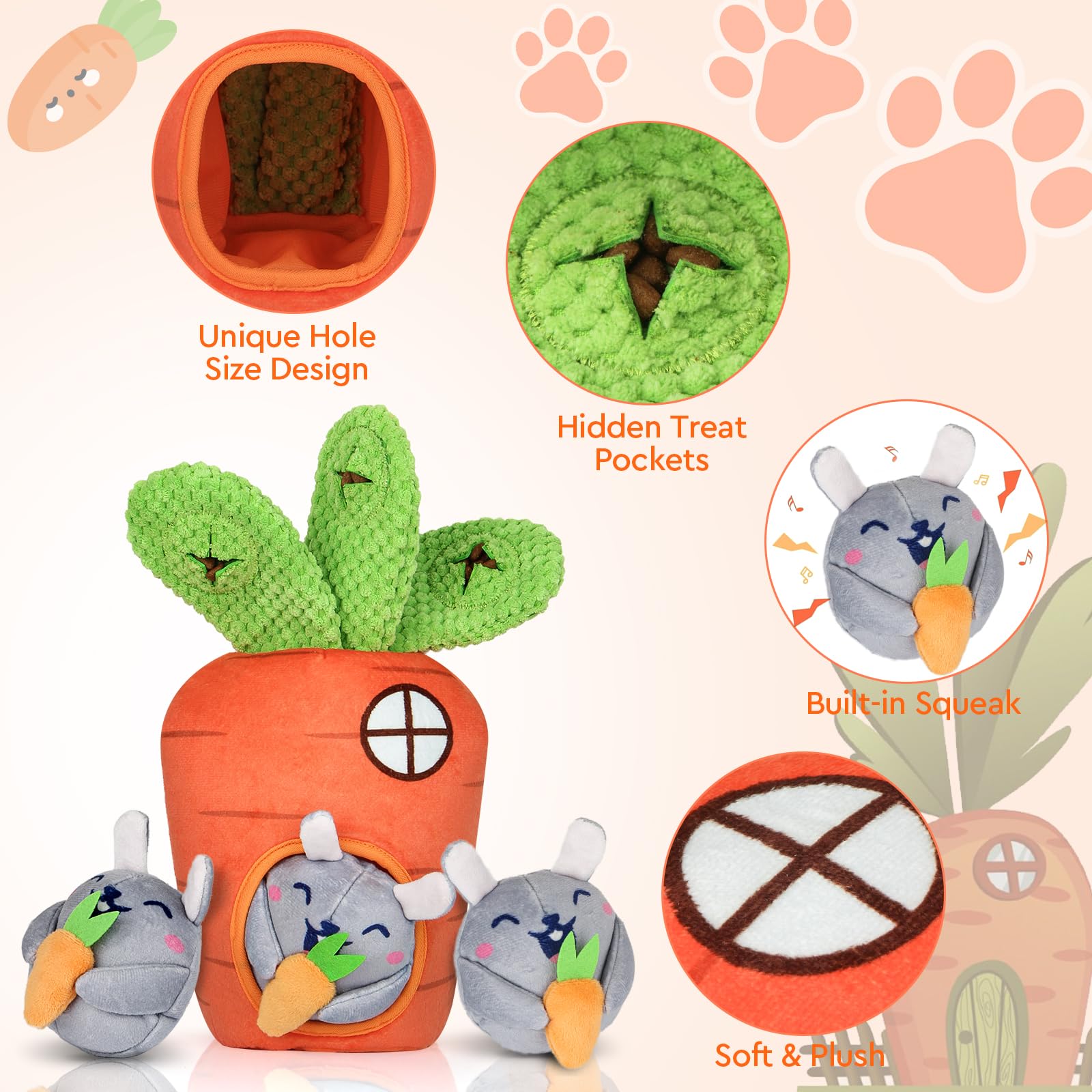 Globright carrot hole foraging feature promotes sniff and search and treat discovery.