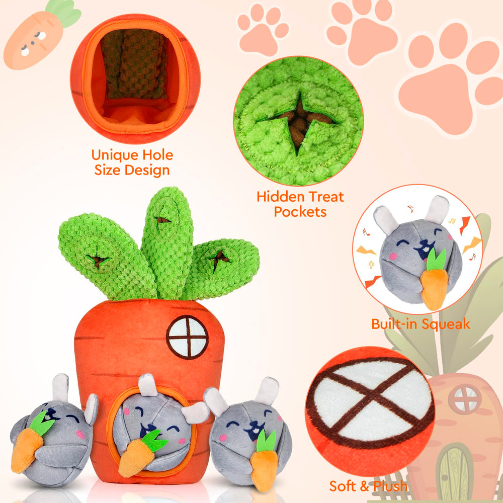 Globright carrot hole foraging feature promotes sniff and search and treat discovery.