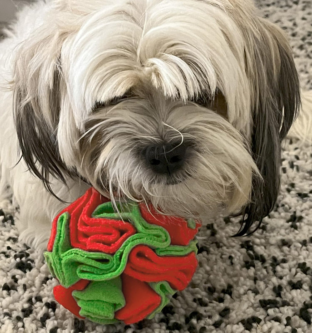 Glory To Dog snuffle ball folds showcase plush fleece for hide-and-seek treats.