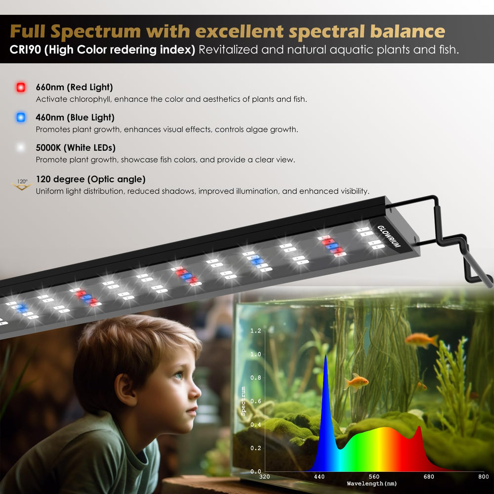 Glowrium aquarium light infinitely dimmable enables precise brightness for day and night viewing