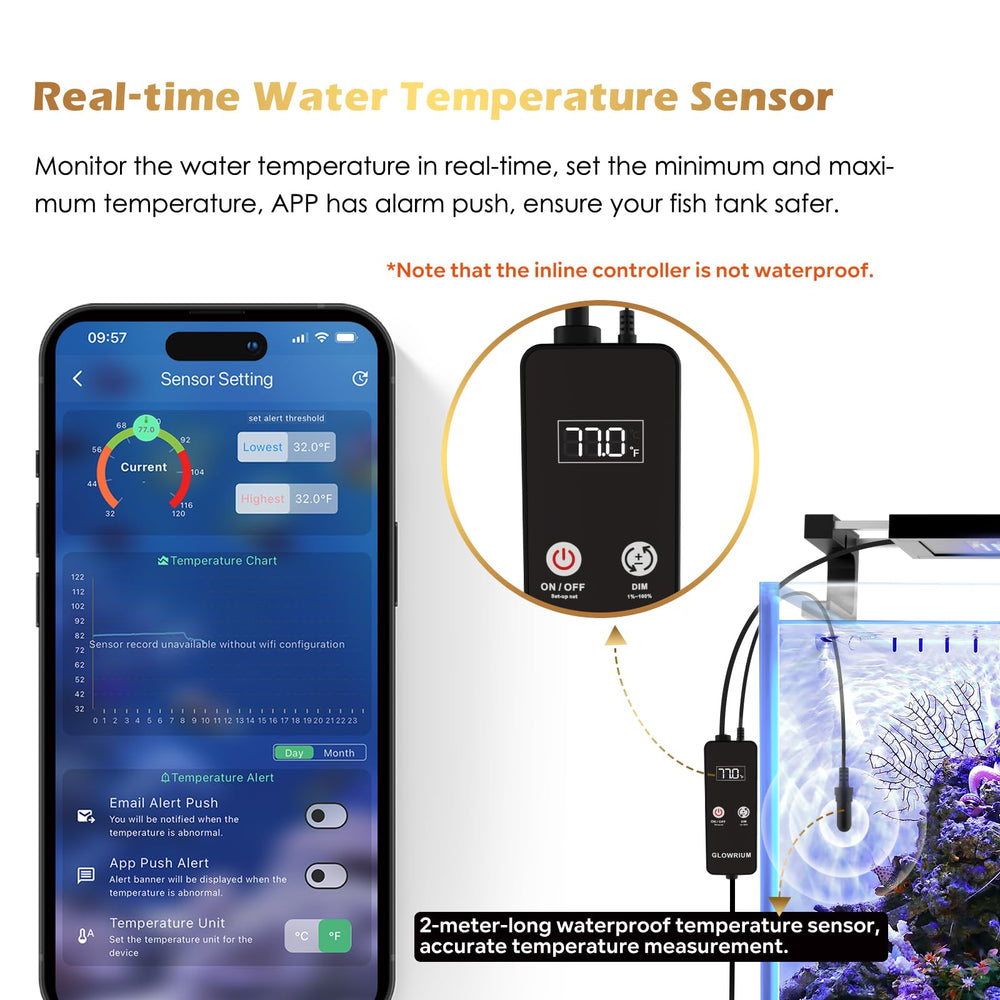 GLOWRIUM saltwater light brightness adjustment supports precise intensity for soft dawn to peak daylight.