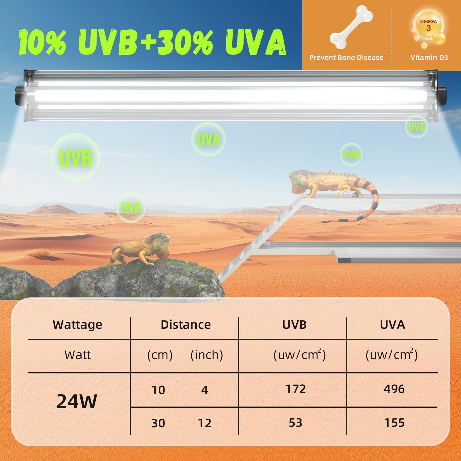 GlowUp desert-dwelling lizard setup shows immersive UVB/UVA spectrum for calcium support.