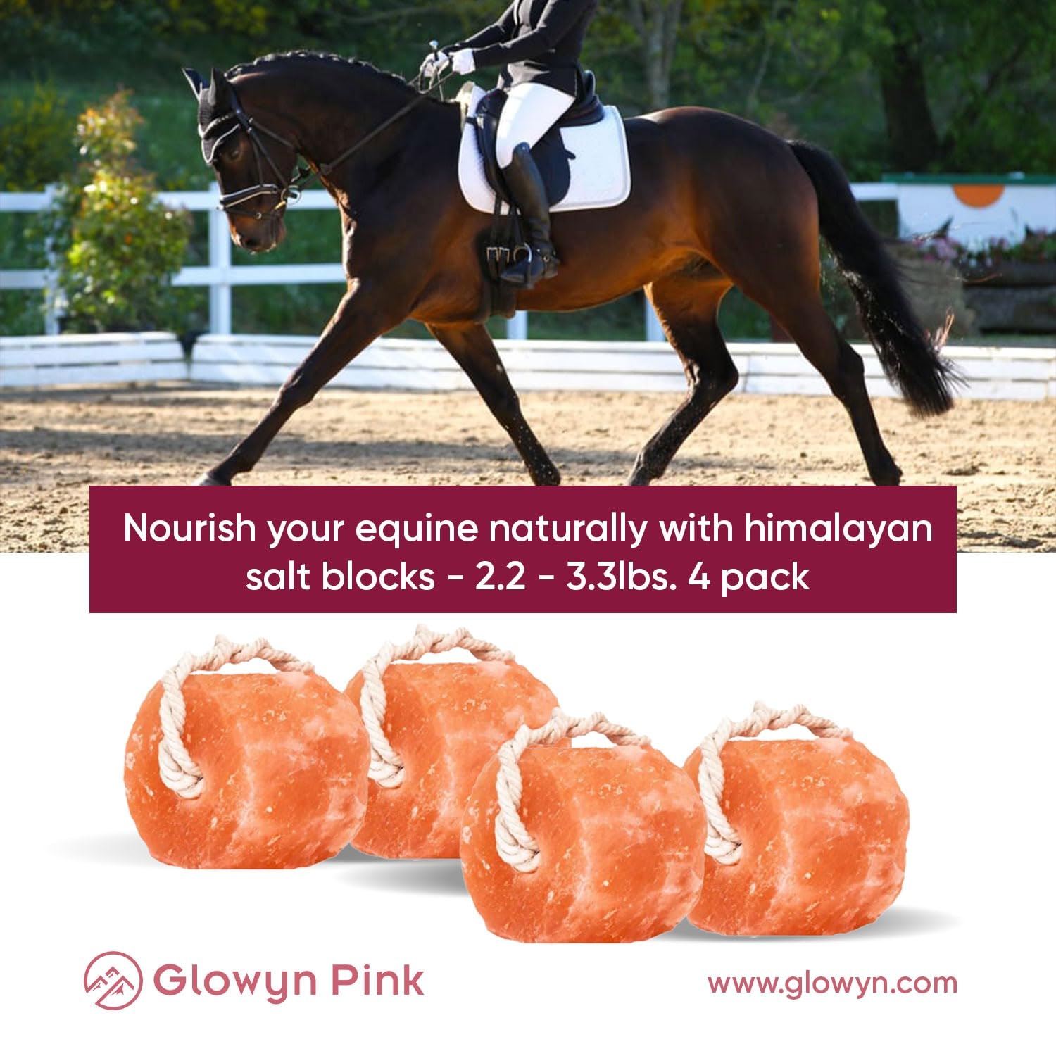 Glowyn Pink Himalayan salt block on rope, 3lbs pack, ready-to-use lick for grazing days.