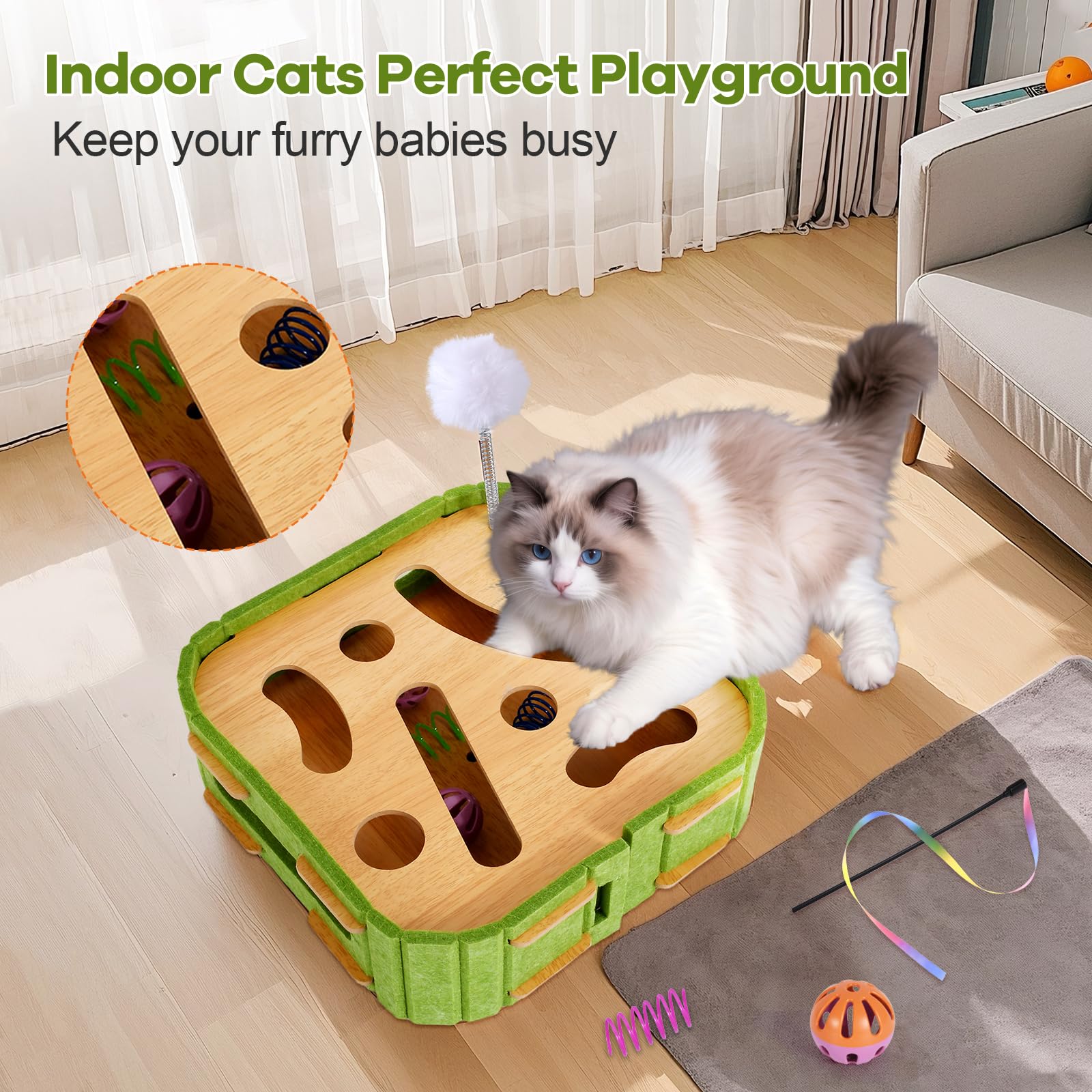 GLYVIAN 5in1 cat toys wooden box open reveals interactive play and treat-dispensing action