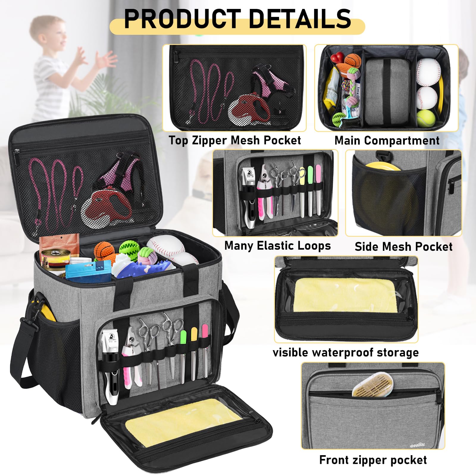 GMAK Pet Grooming Bag front pocket view highlights eight elastic slots for brushes and clippers.