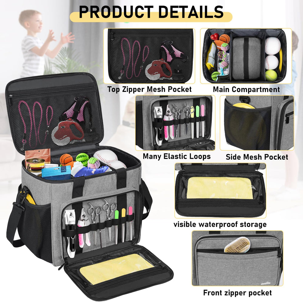 GMAK Pet Grooming Bag front pocket view highlights eight elastic slots for brushes and clippers.