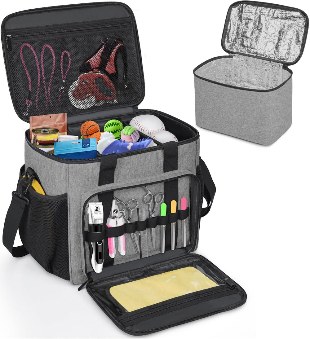 GMAK Pet Grooming Bag grey side view shows organized tool storage on the go.