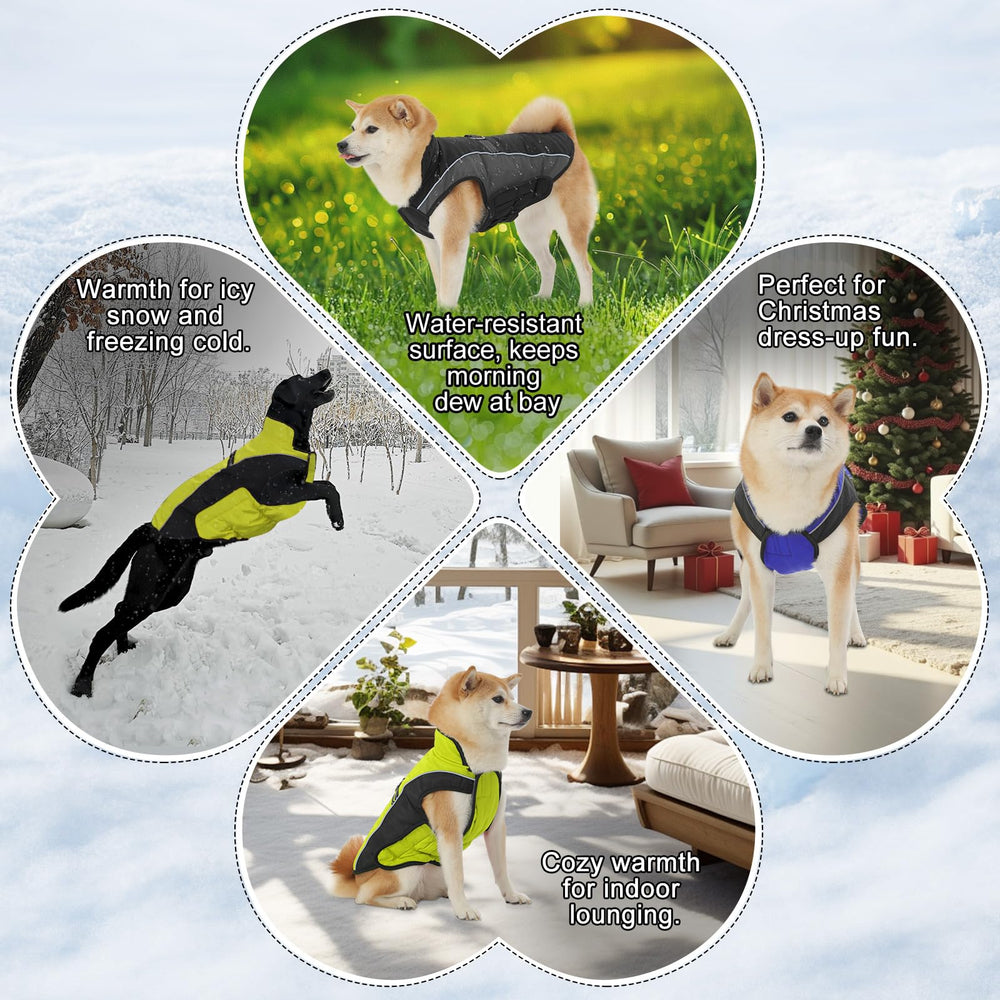 Gmayoo dog coat adjustable neck and belly for easy on-off.