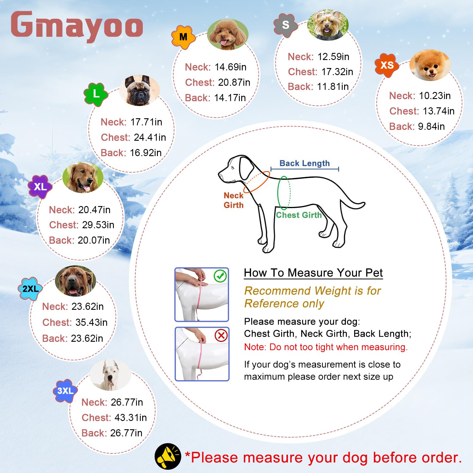 Gmayoo dog coat size range chart shows fit for all breeds.