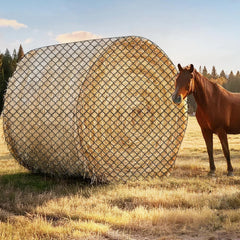 GmTonty round bale hay net 6x6ft front view shows knotless durability reducing wear.