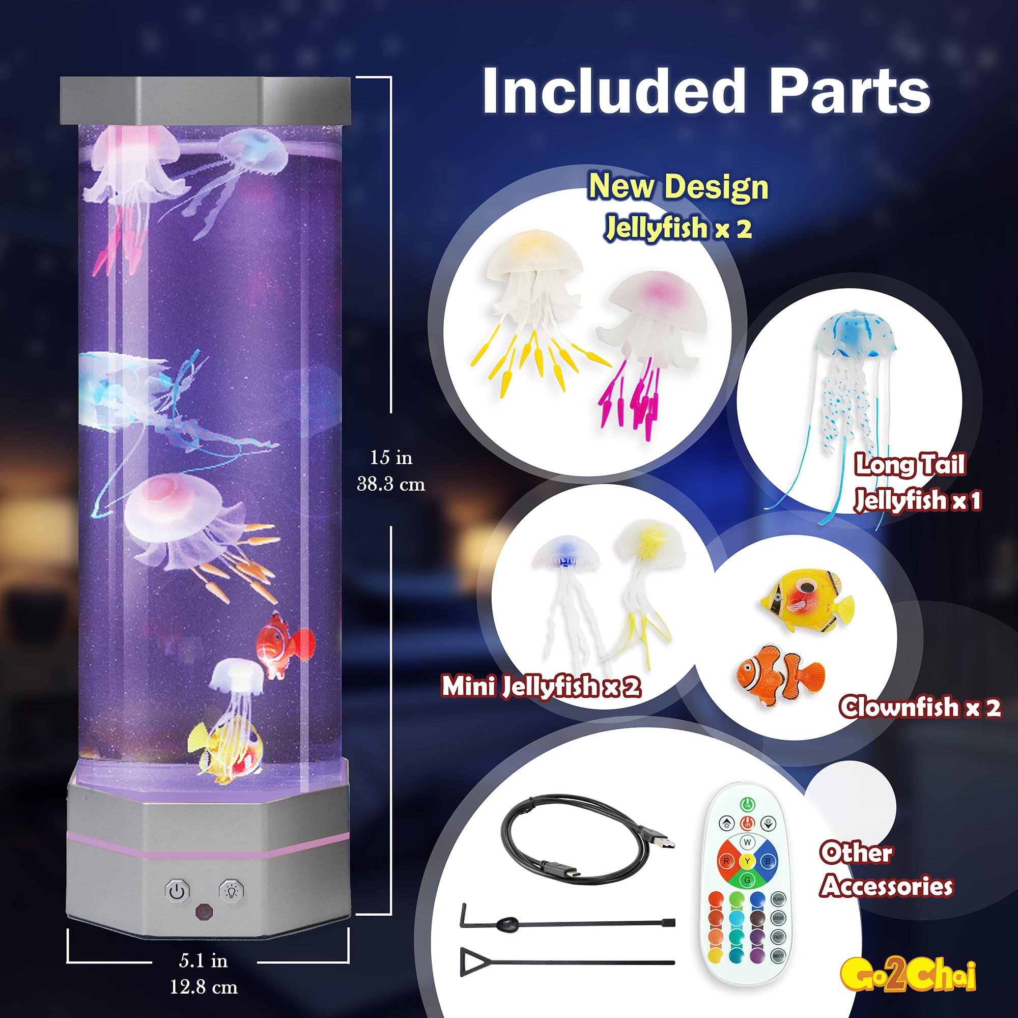 Go2Chai Jellyfish Lamp side view showing color-changing mood lighting