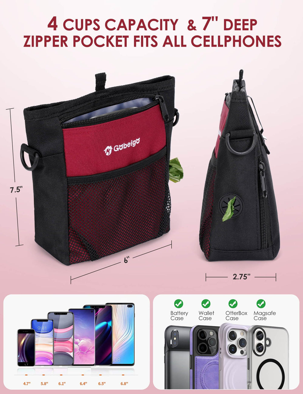 Gobeigo 4-cup treat bag fits snacks for training sessions.