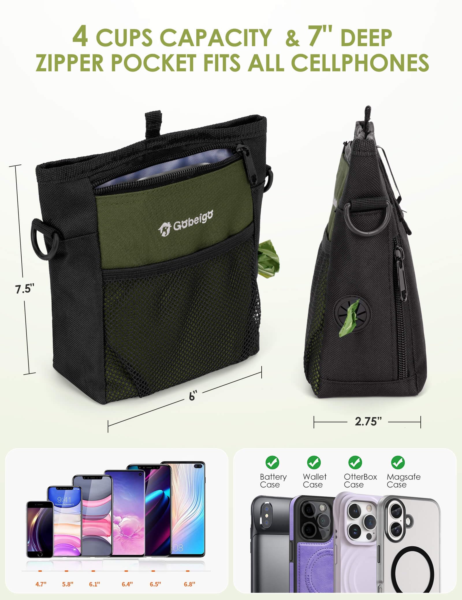 Gobeigo pouch with 4-cup capacity fits multiple treats for training.