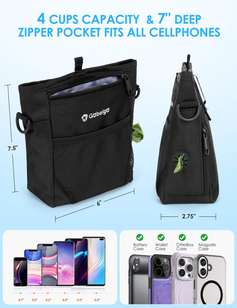 Gobeigo dog treat pouch front pocket for phone and keys within easy reach.