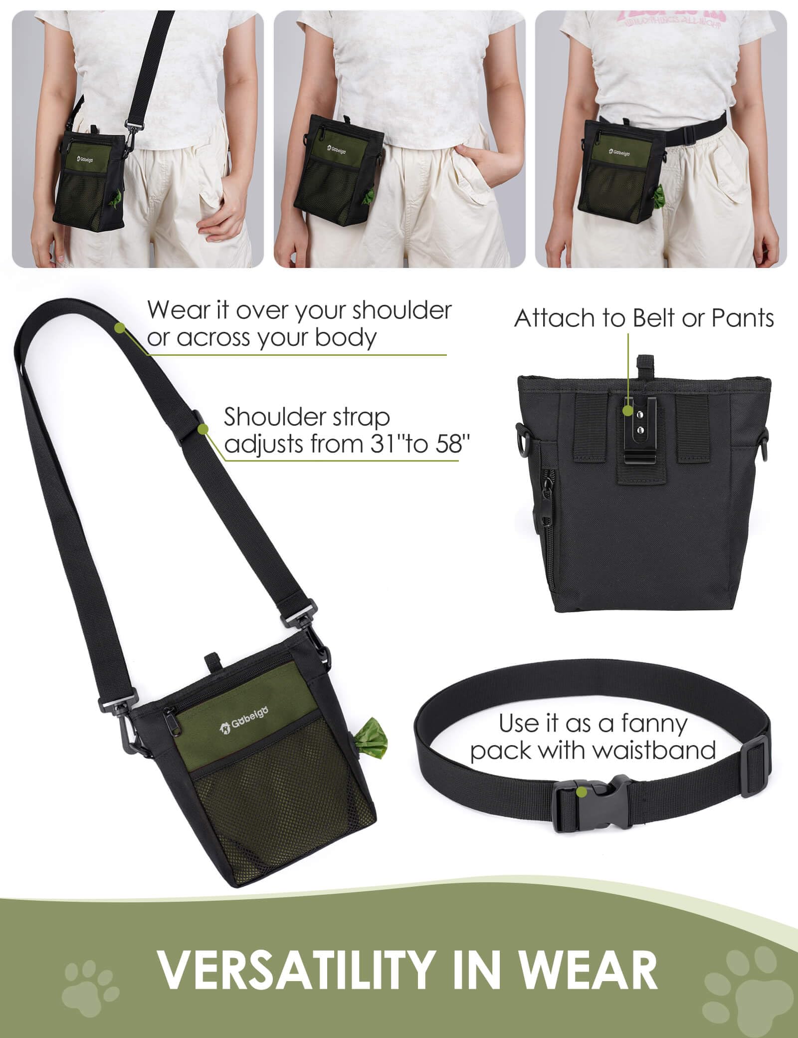Gobeigo front zipper pocket stores phone and keys for easy access.