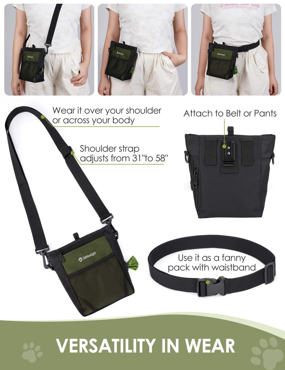 Gobeigo front zipper pocket stores phone and keys for easy access.