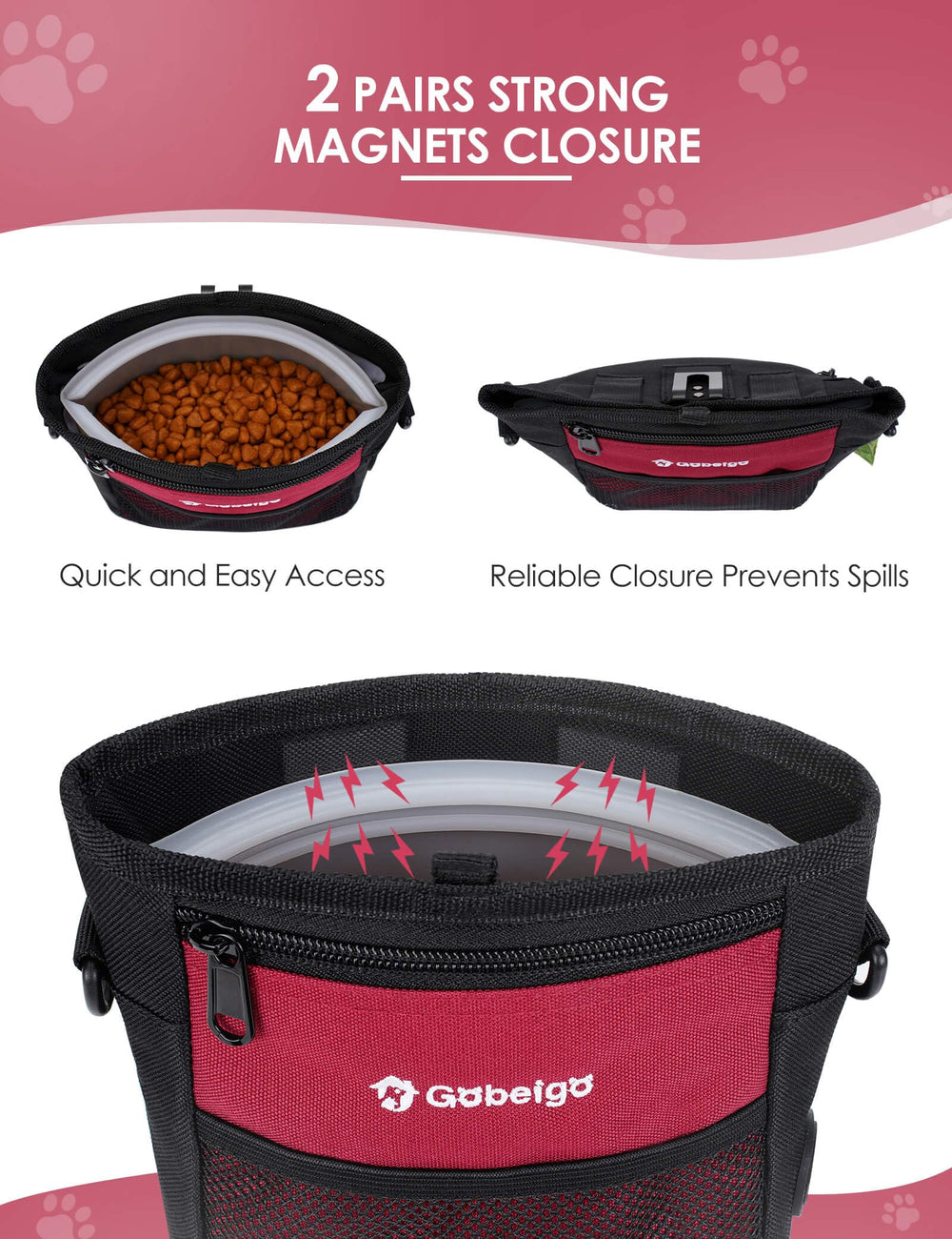 Gobeigo pouch with upgraded magnetic closure prevents spills mid-walk.