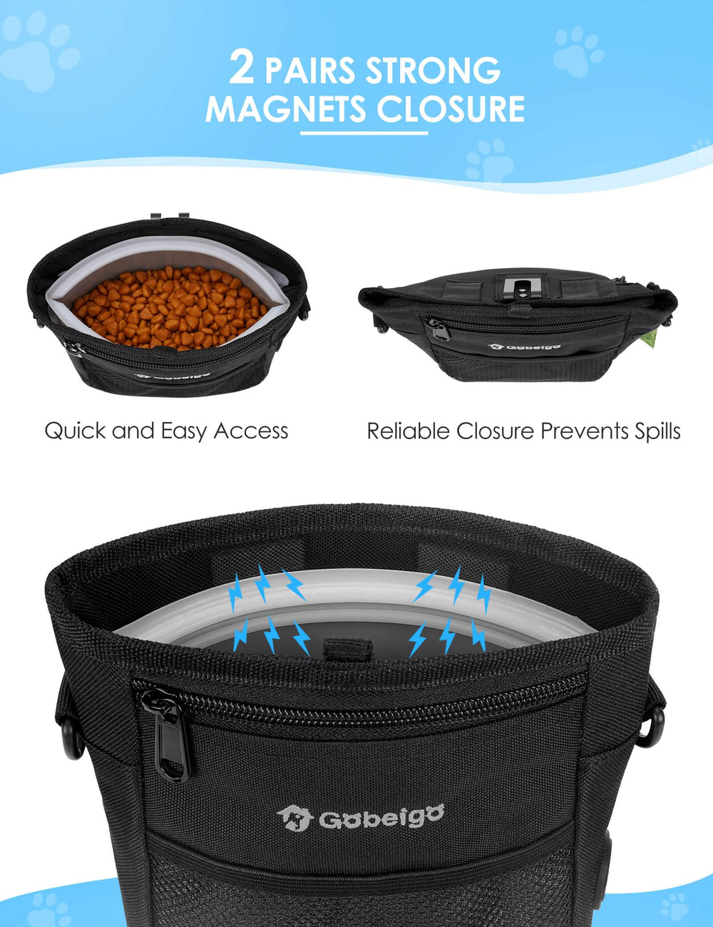 Gobeigo dog treat pouch with stronger magnets auto-closes to prevent spills.