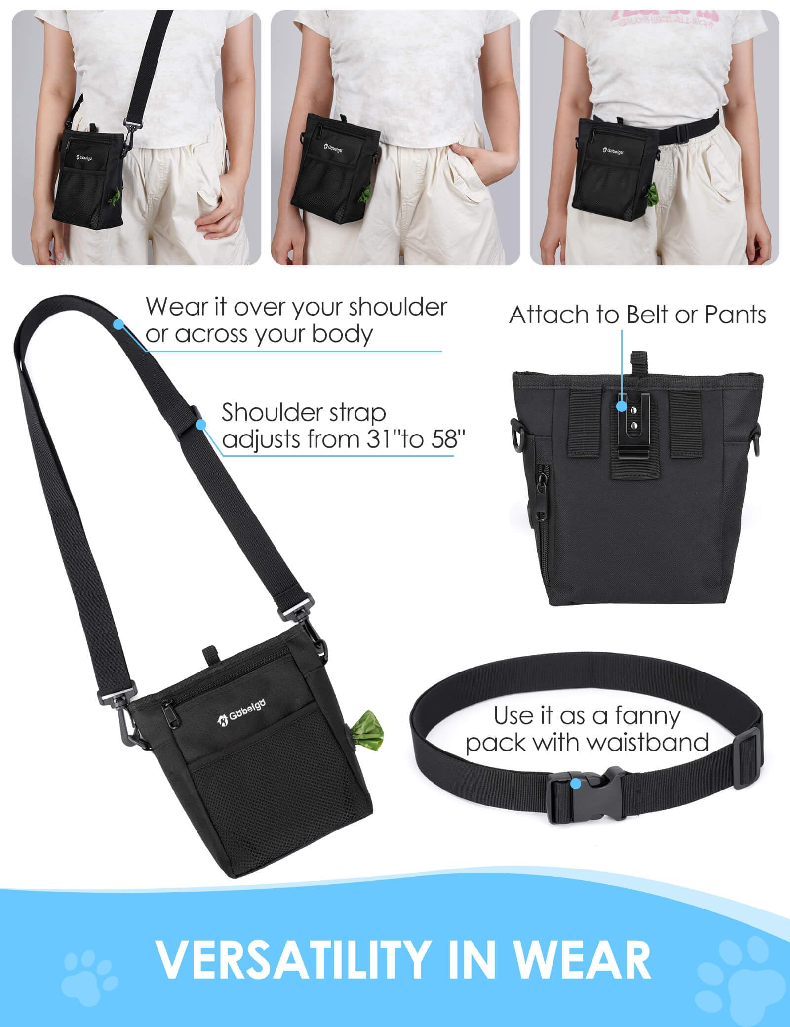 Gobeigo dog treat pouch side pocket for easy access to poop bags.