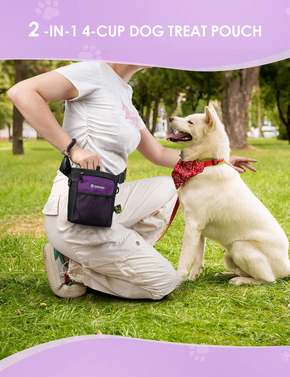 Gobeigo dog treat pouch side pocket shows easy poop bag access
