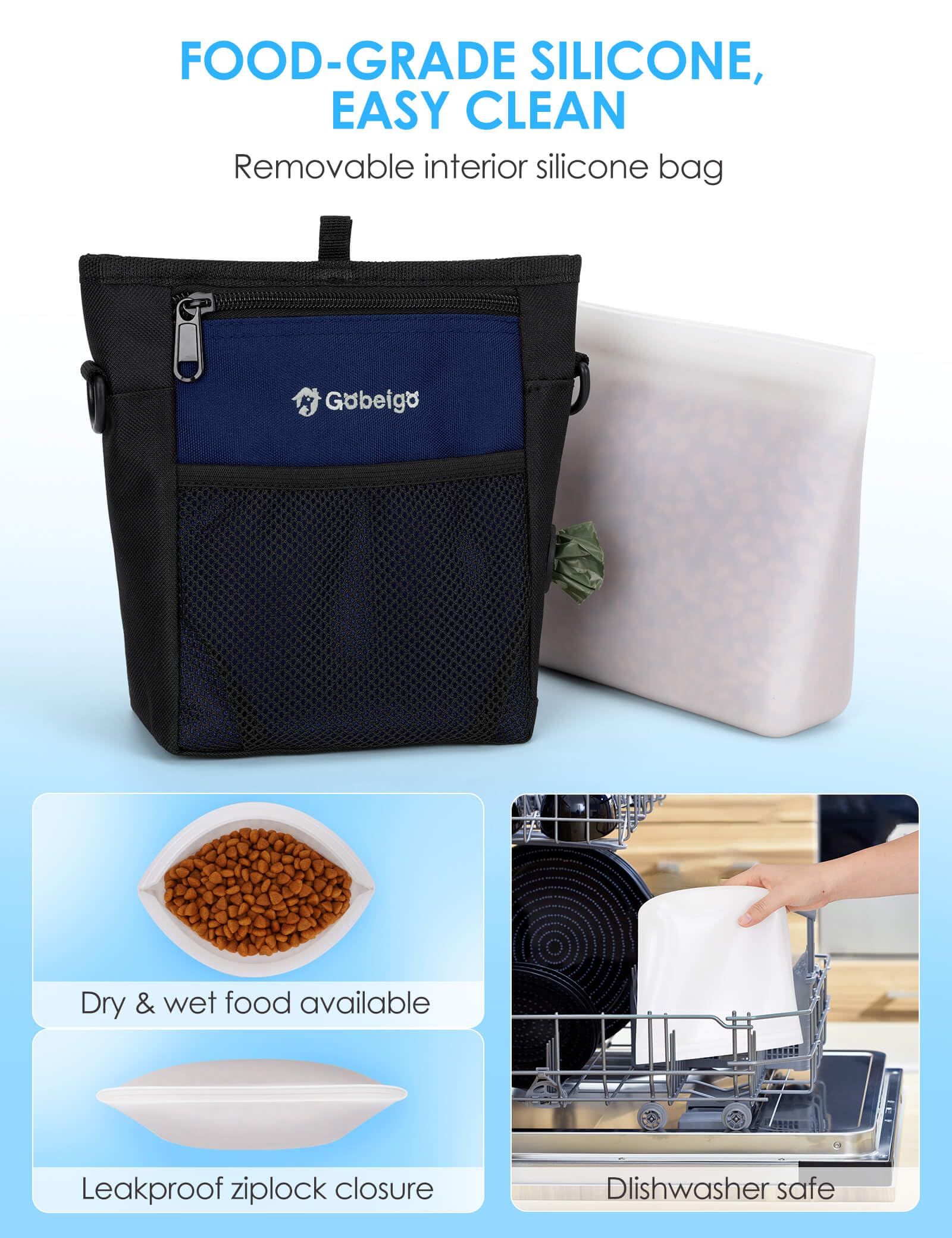 Gobeigo silicone bag inside demonstrates mess-free treat storage