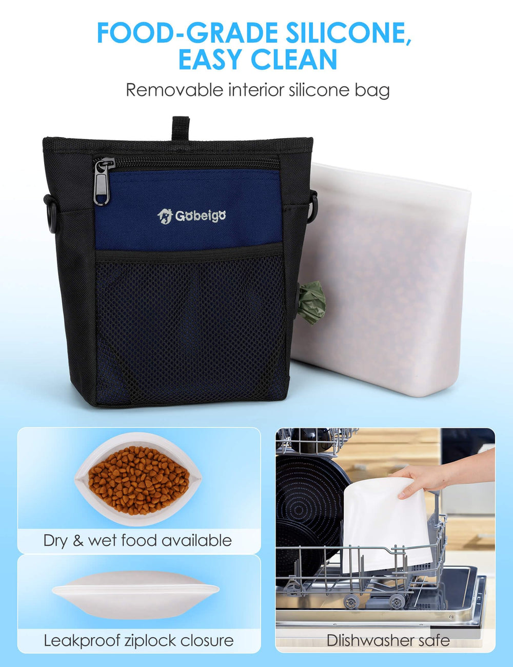 Gobeigo silicone bag inside demonstrates mess-free treat storage