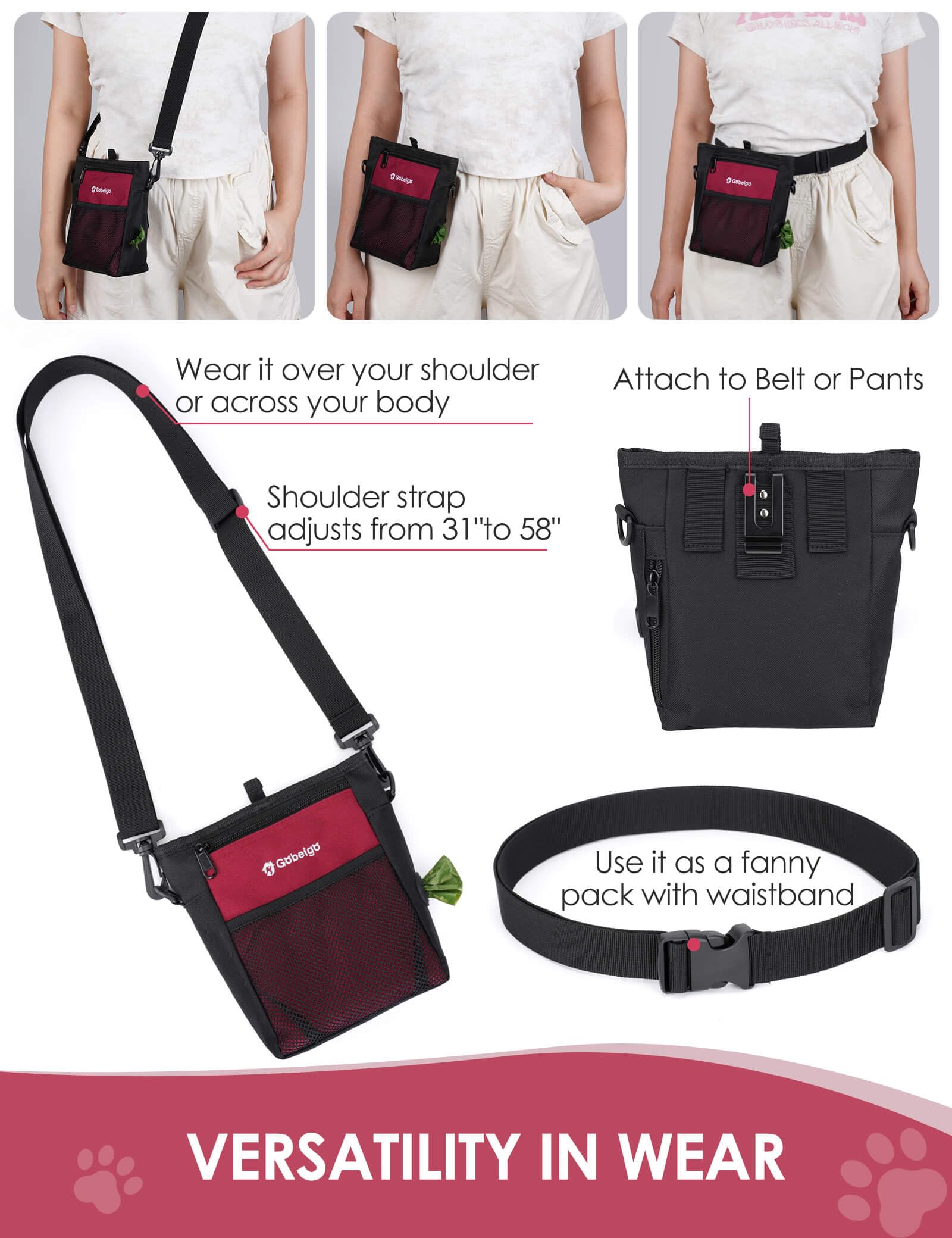 Gobeigo adjustable wear options offer belt, fanny pack, or crossbody style.