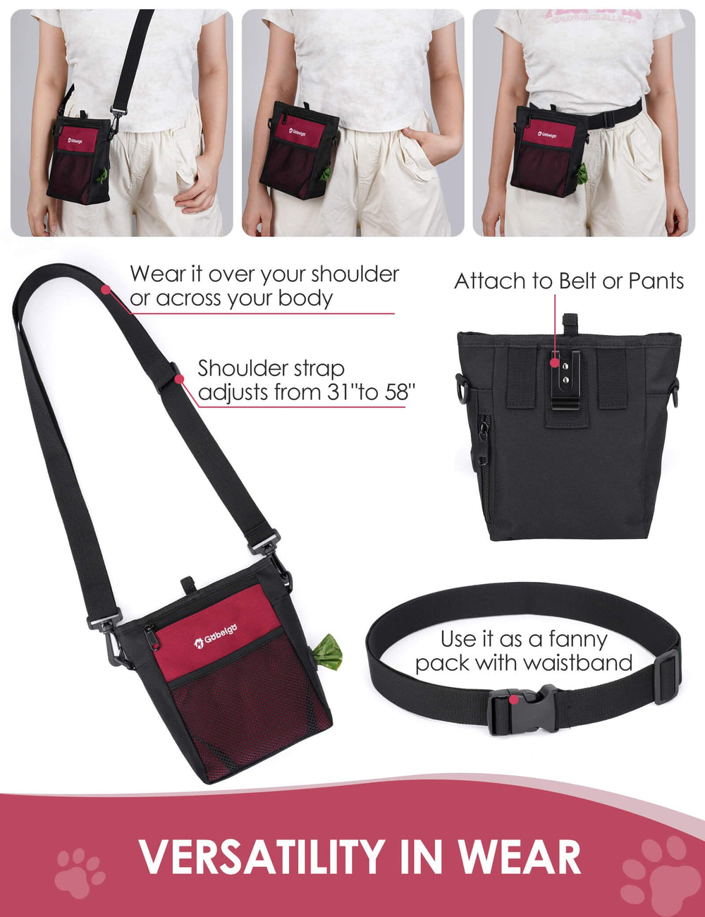 Gobeigo adjustable wear options offer belt, fanny pack, or crossbody style.