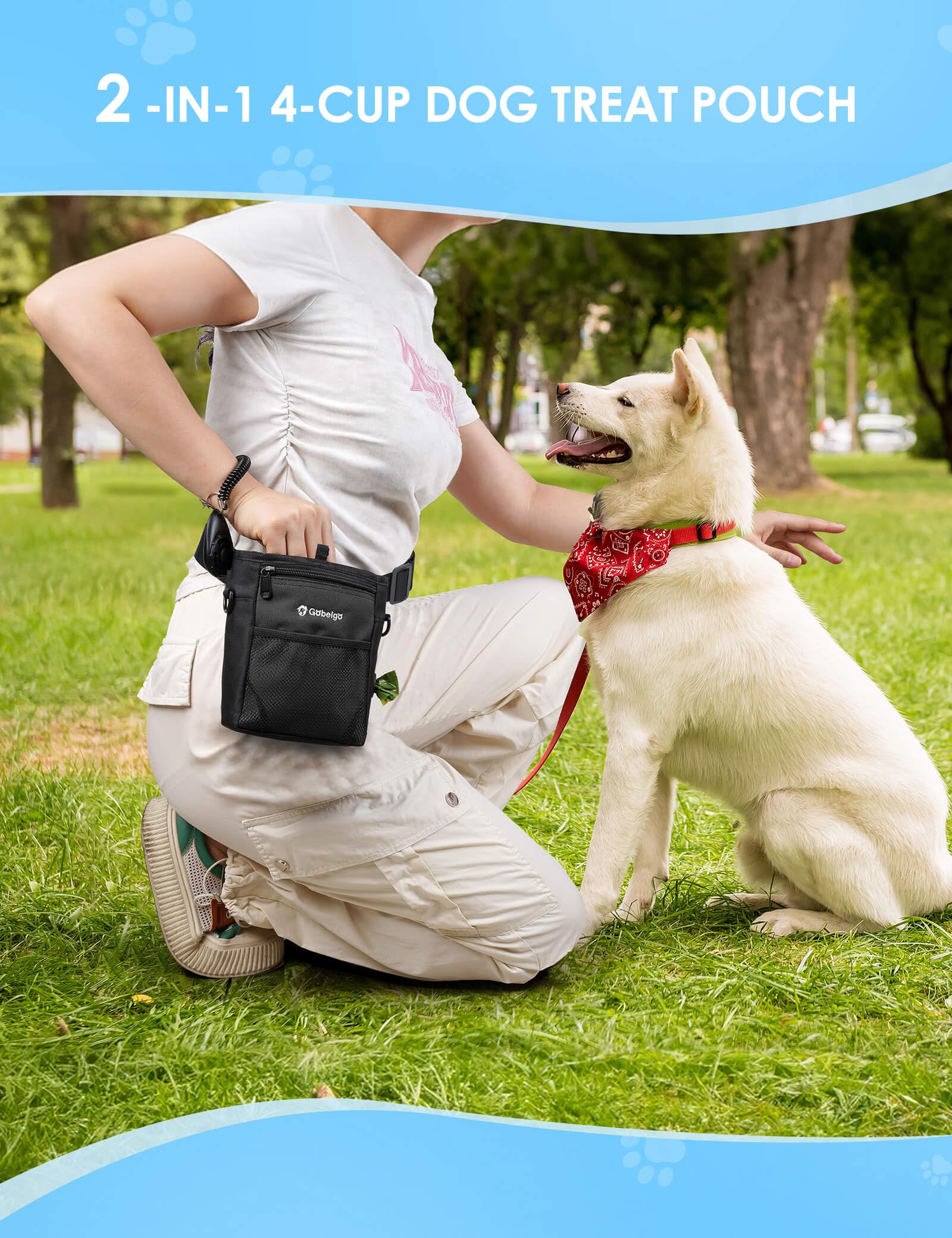 Gobeigo dog treat pouch three-ways-to-wear for versatile training on the go.