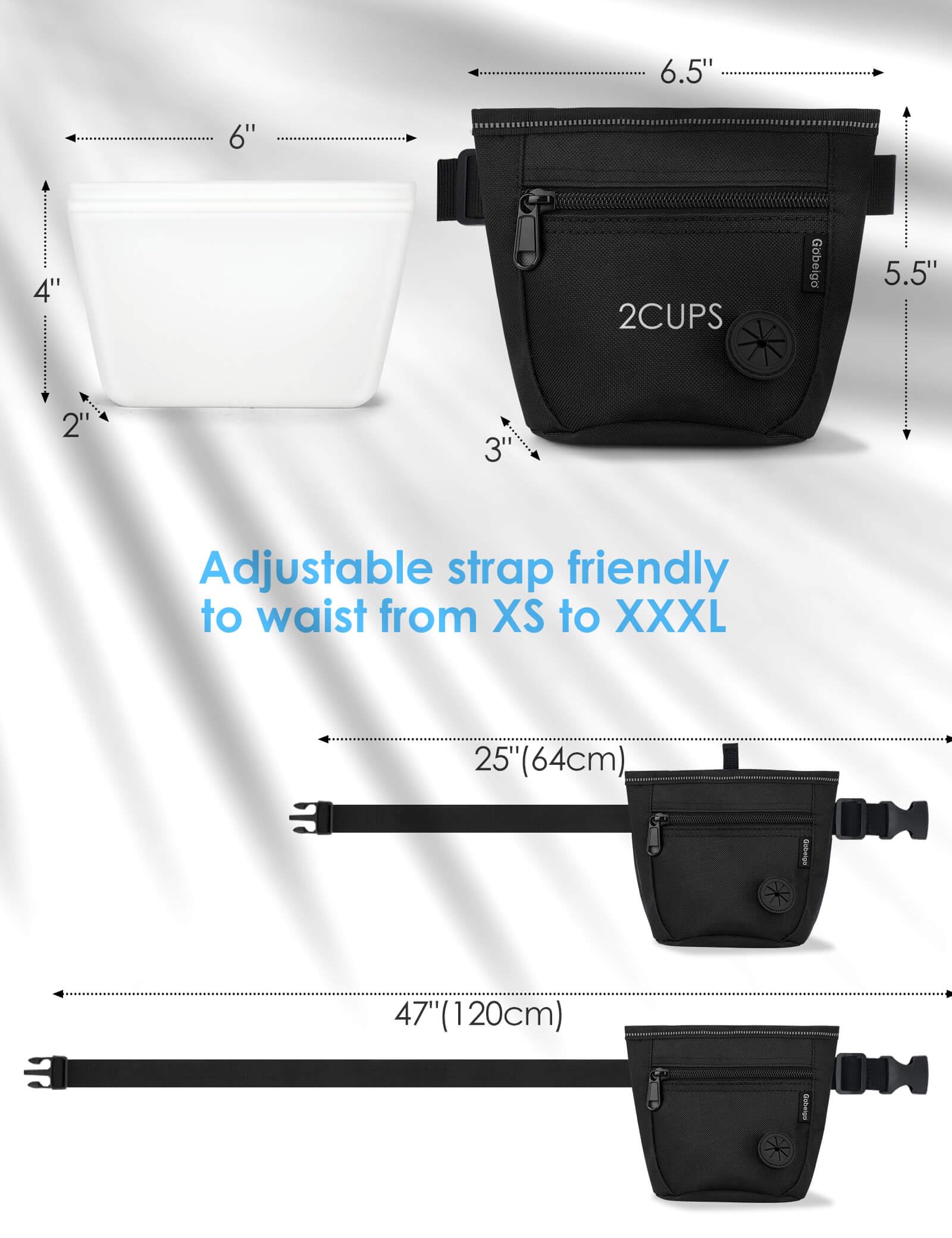 Gobeigo metal belt clip and waist strap for secure, adjustable dog-walking setup.