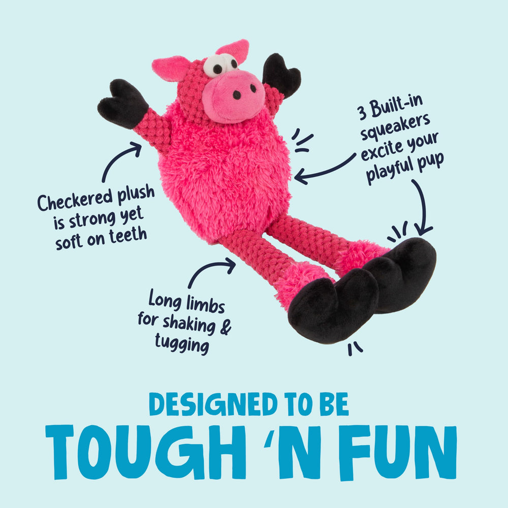 GoDog Checkers Skinny Pig toy demonstrates Chew Guard Technology for tougher chewing.