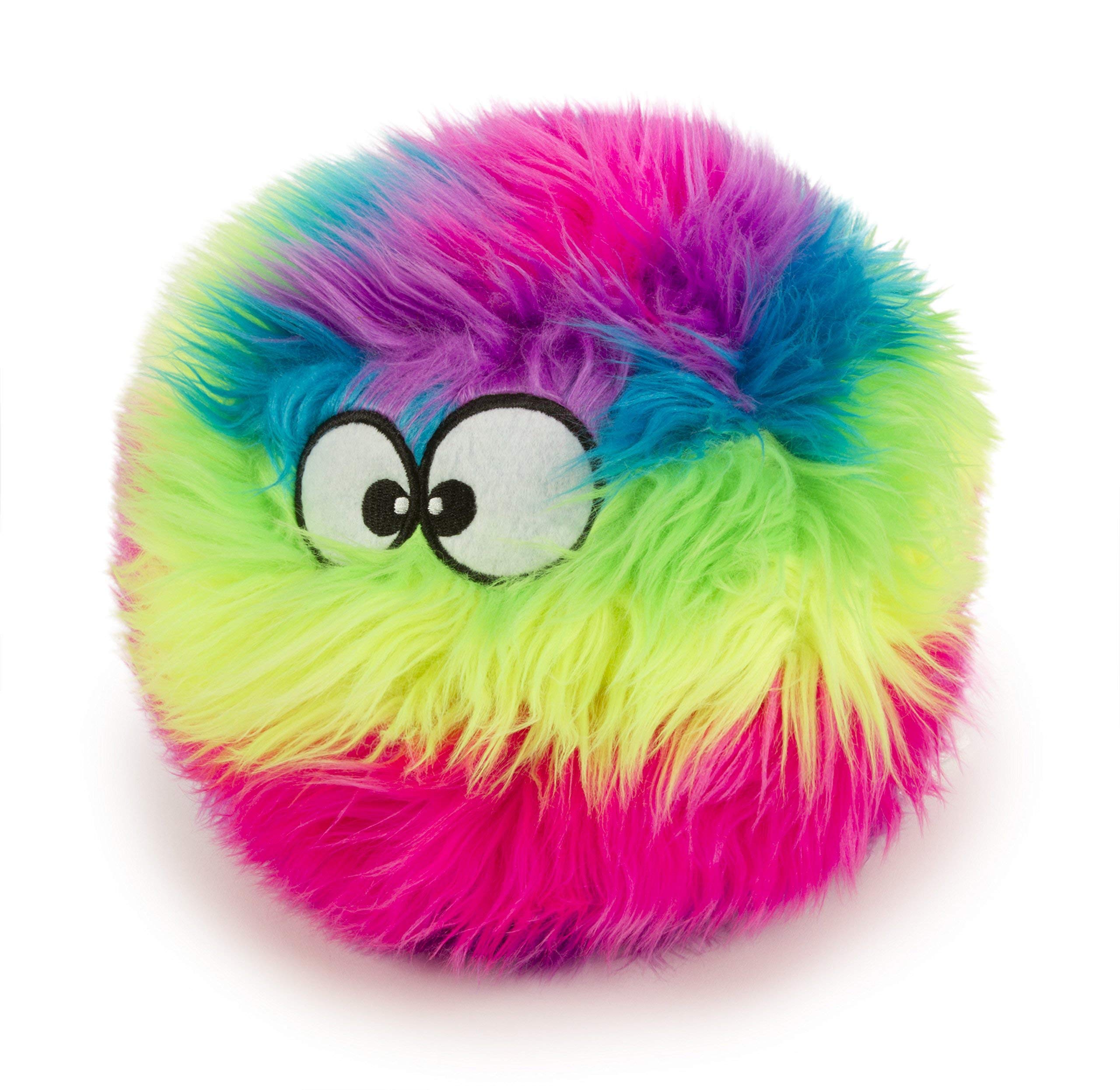 GoDog Furballz rainbow squeaky ball toy for fetch and interactive play sessions.