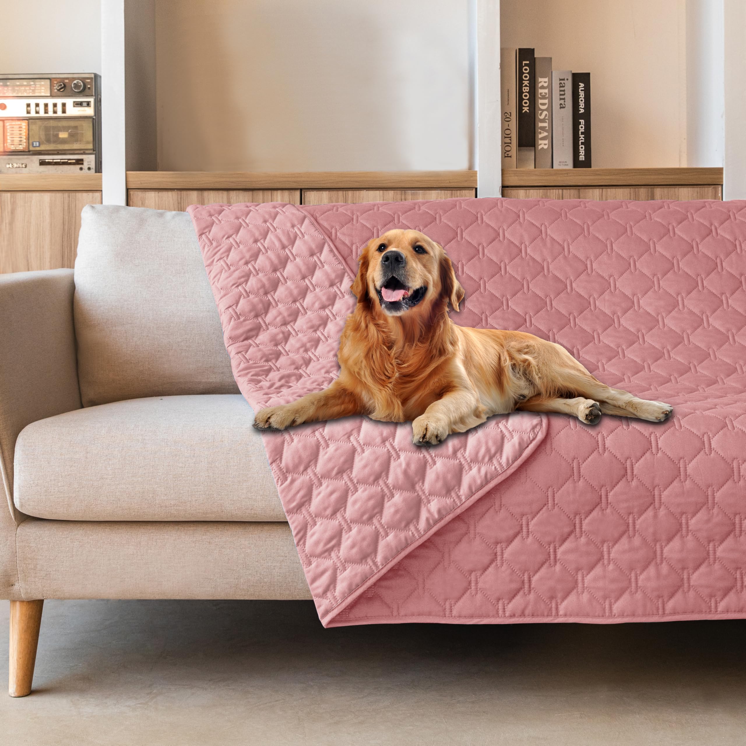 Gogobunny 3x stronger waterproof pet blanket folded on sofa protects furniture.