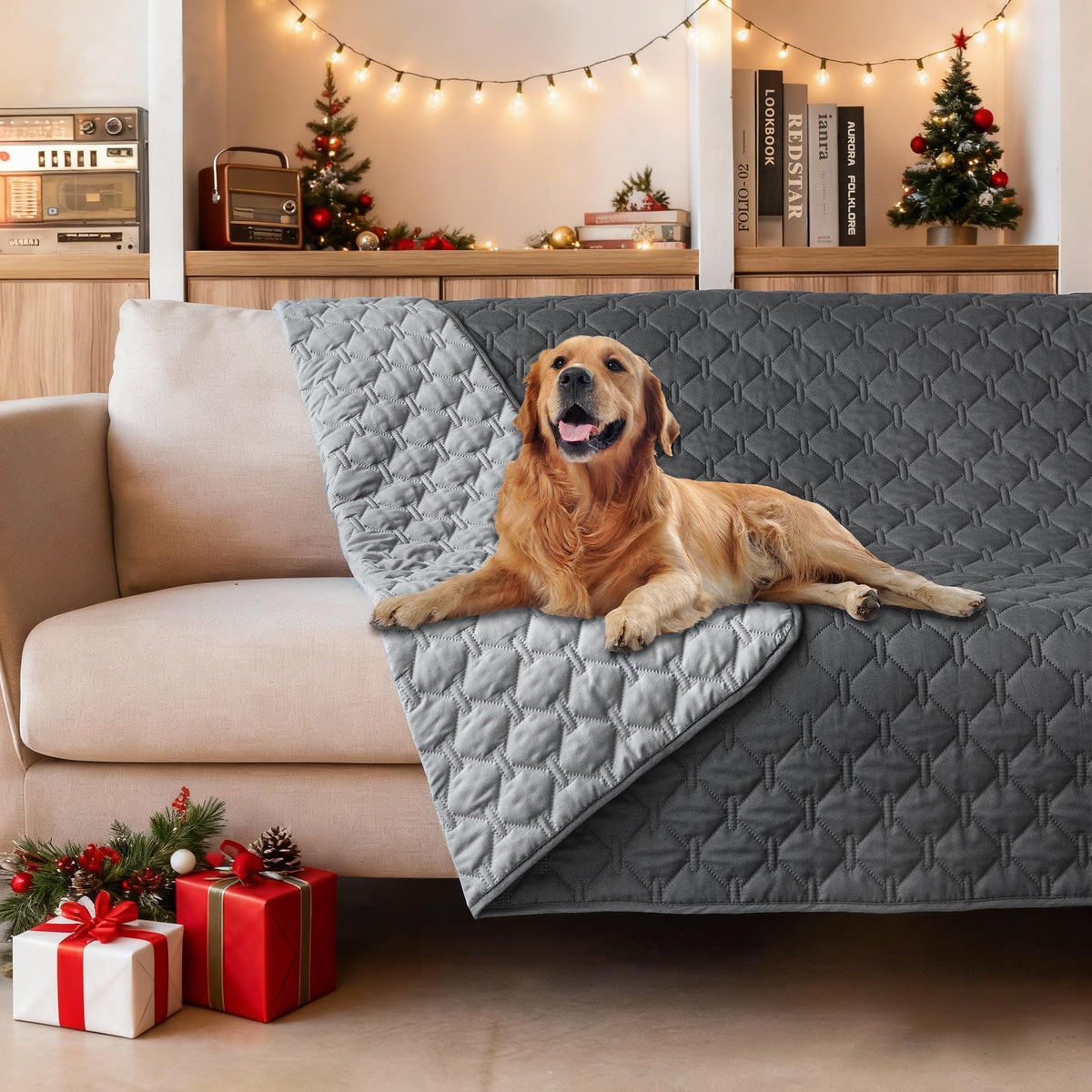 Gogobunny 3X stronger waterproof pet blanket protects furniture from spills and muddy paws.
