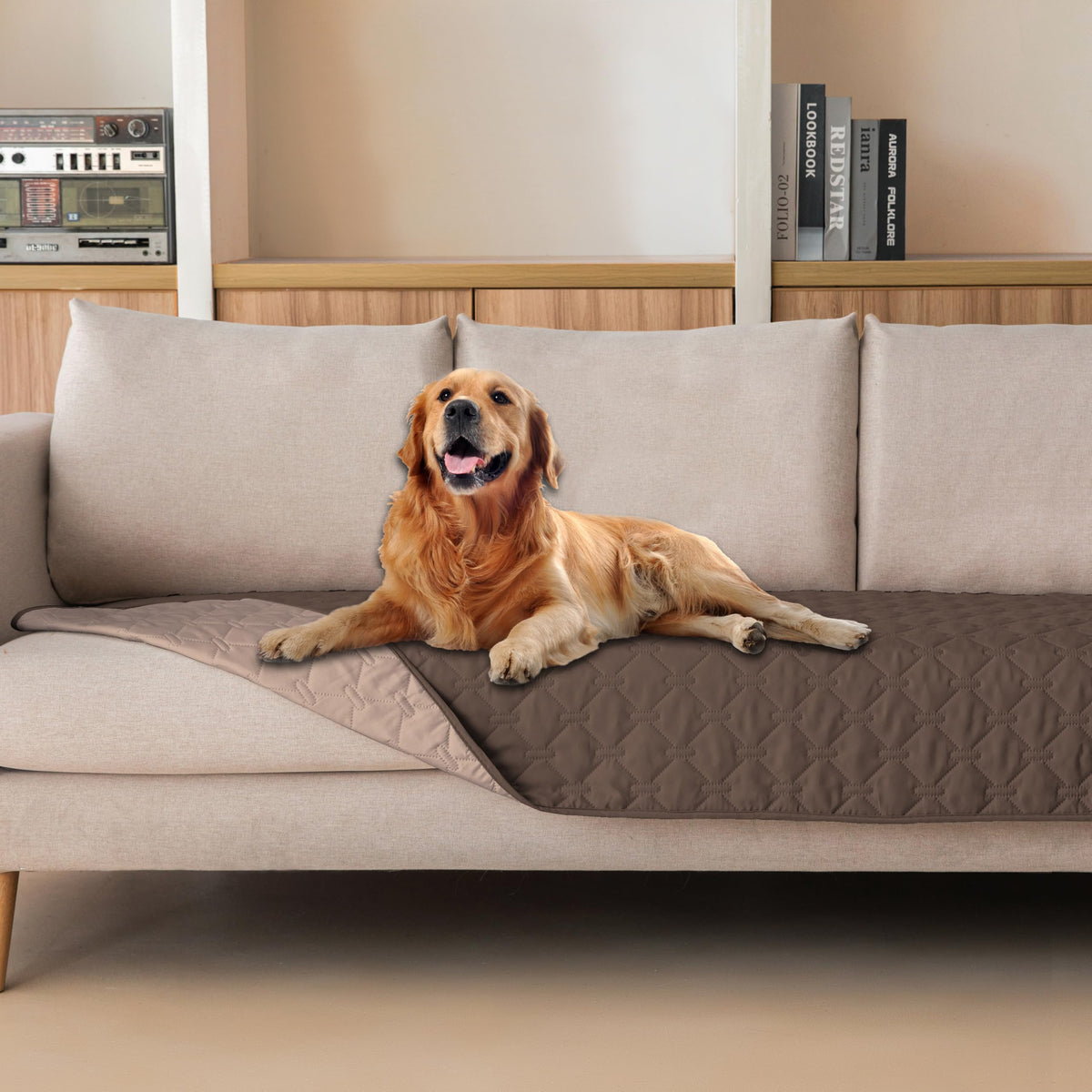 Gogobunny dog blanket plaid double-side on furniture offering cozy protection from pet messes.