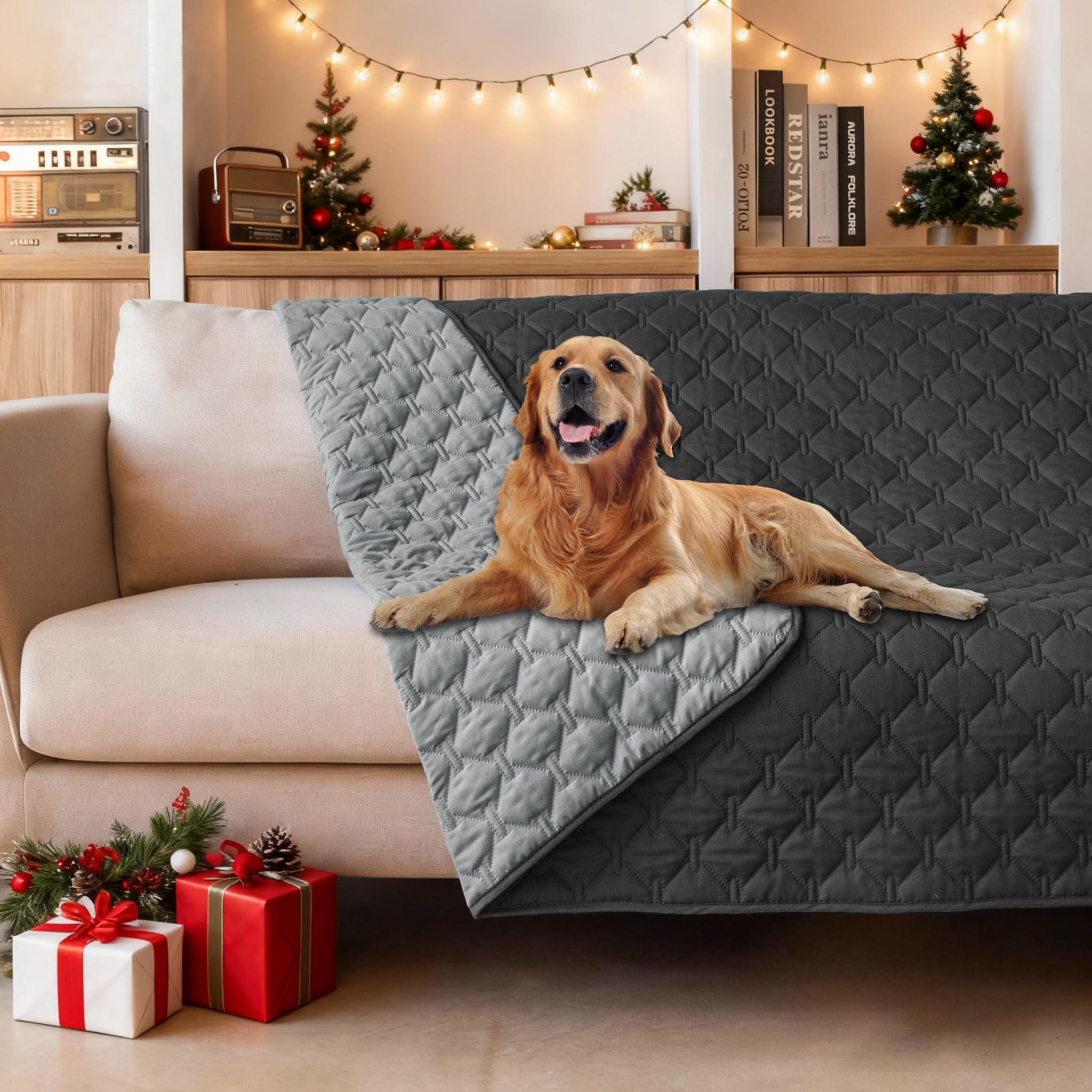 Gogobunny dog blanket on sofa with double waterproof protection.