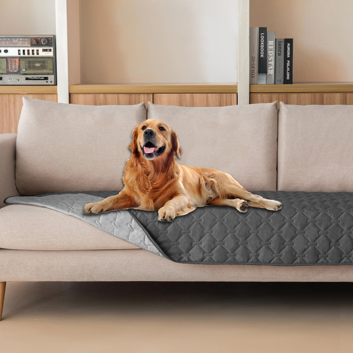 gogobunny 100% waterproof dog blanket shows protective outer layer against spills