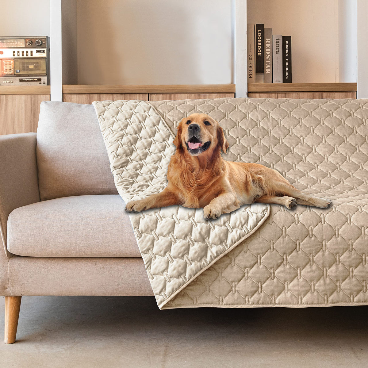 Gogobunny double-sided waterproof bed cover protects furniture during pet lounging and play.