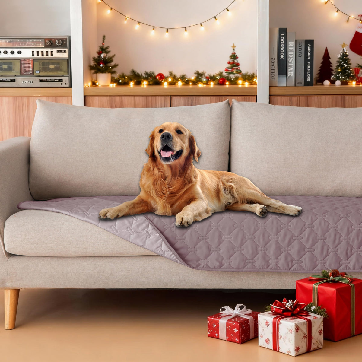 Gogobunny double-sided waterproof blanket on sofa protects furniture from spills.