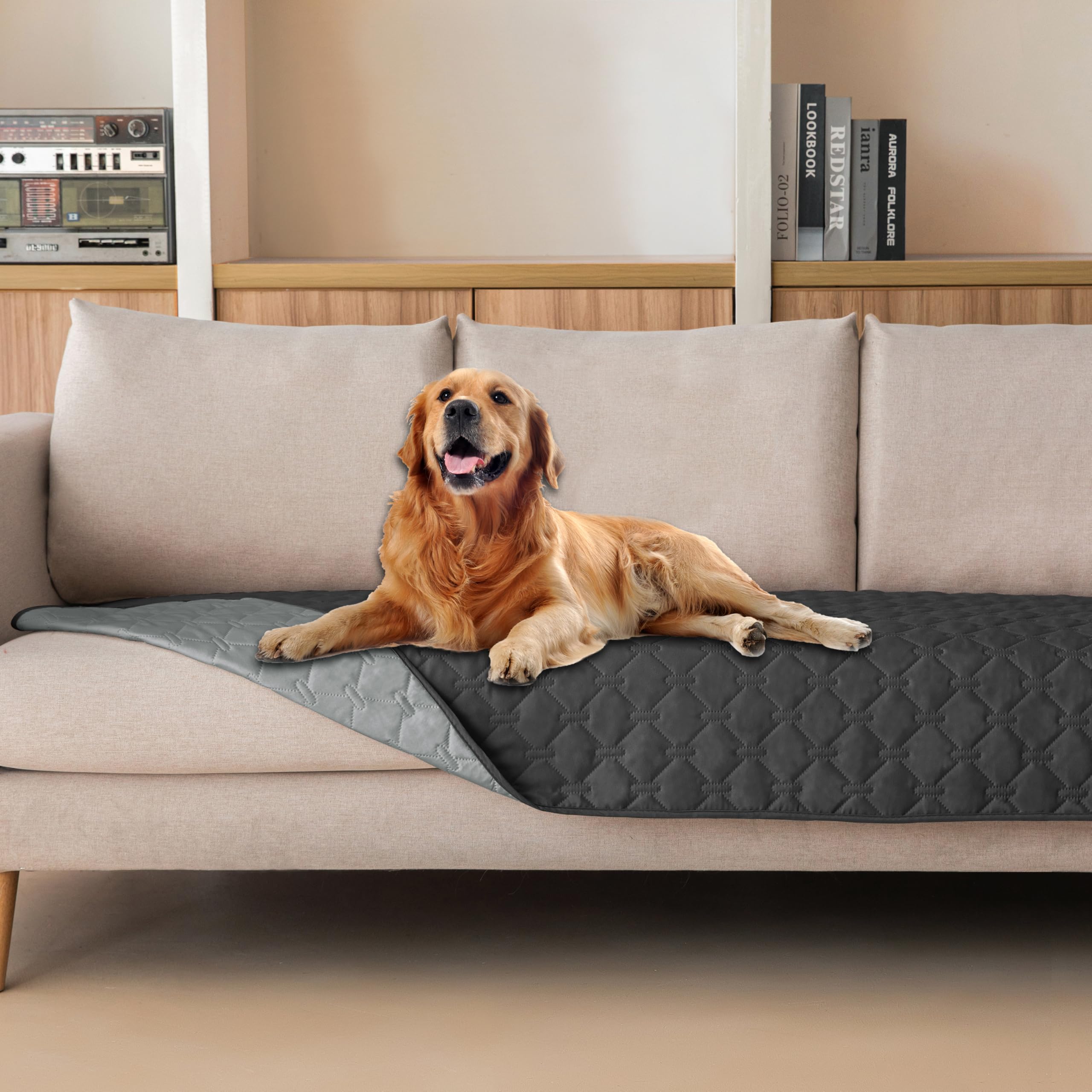 Gogobunny double-sided waterproof dog blanket in dark charcoal protects furniture
