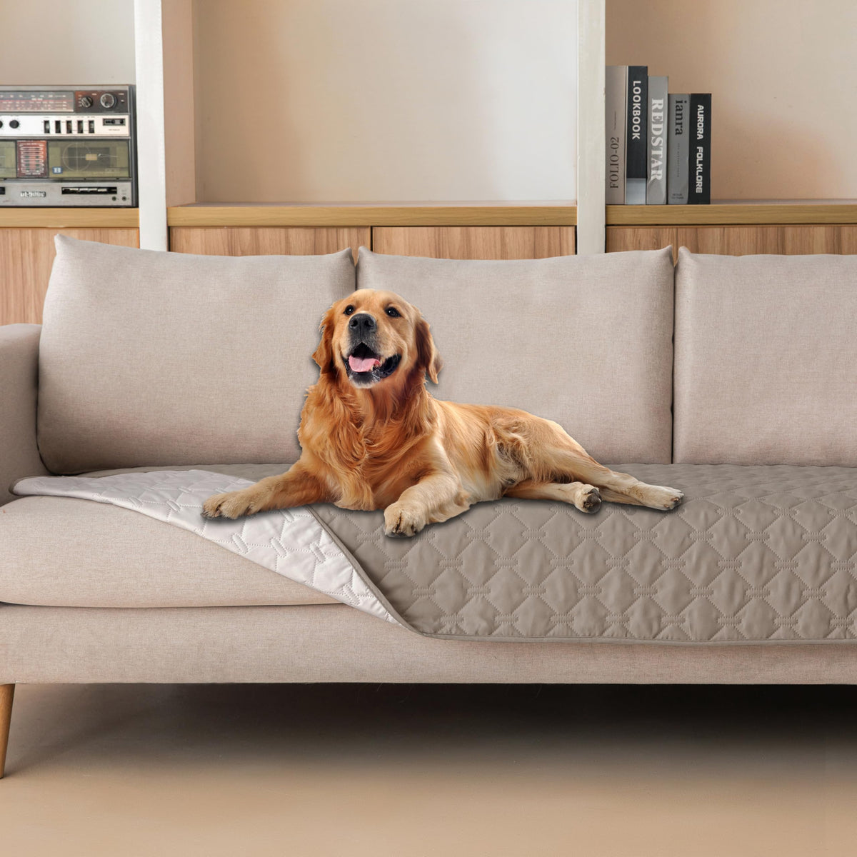 Gogobunny double-sided waterproof dog blanket in dark stone protects furniture from spills.