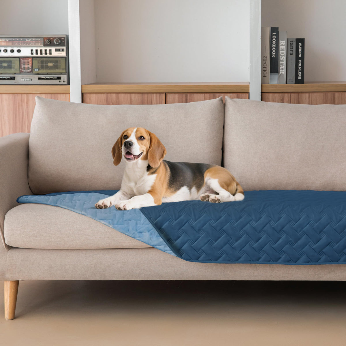 Gogobunny double-sided waterproof blanket close-up shows TPU barrier protecting furniture.