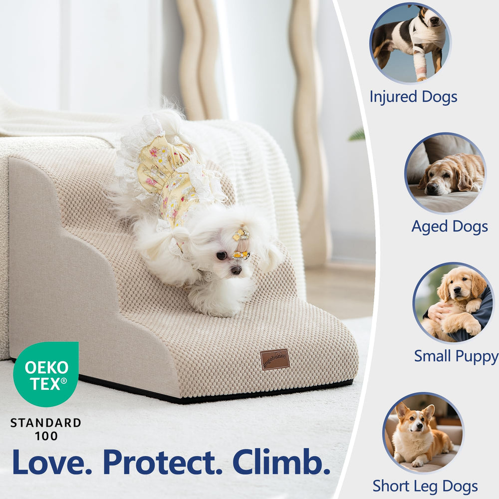 GoGoBunny four-step stairs beige ramp helps dogs climb onto couches safely.